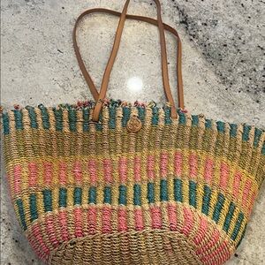 Tory Burch Pink, Green, and Tan Woven Tote